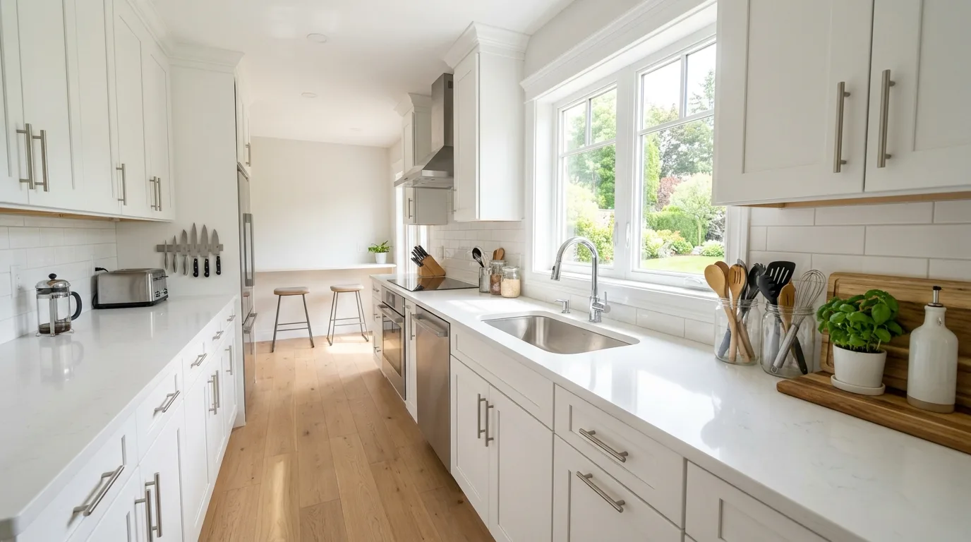 Bright white kitchen with clear countertops, natural wood floors, and a clean refreshed layout.