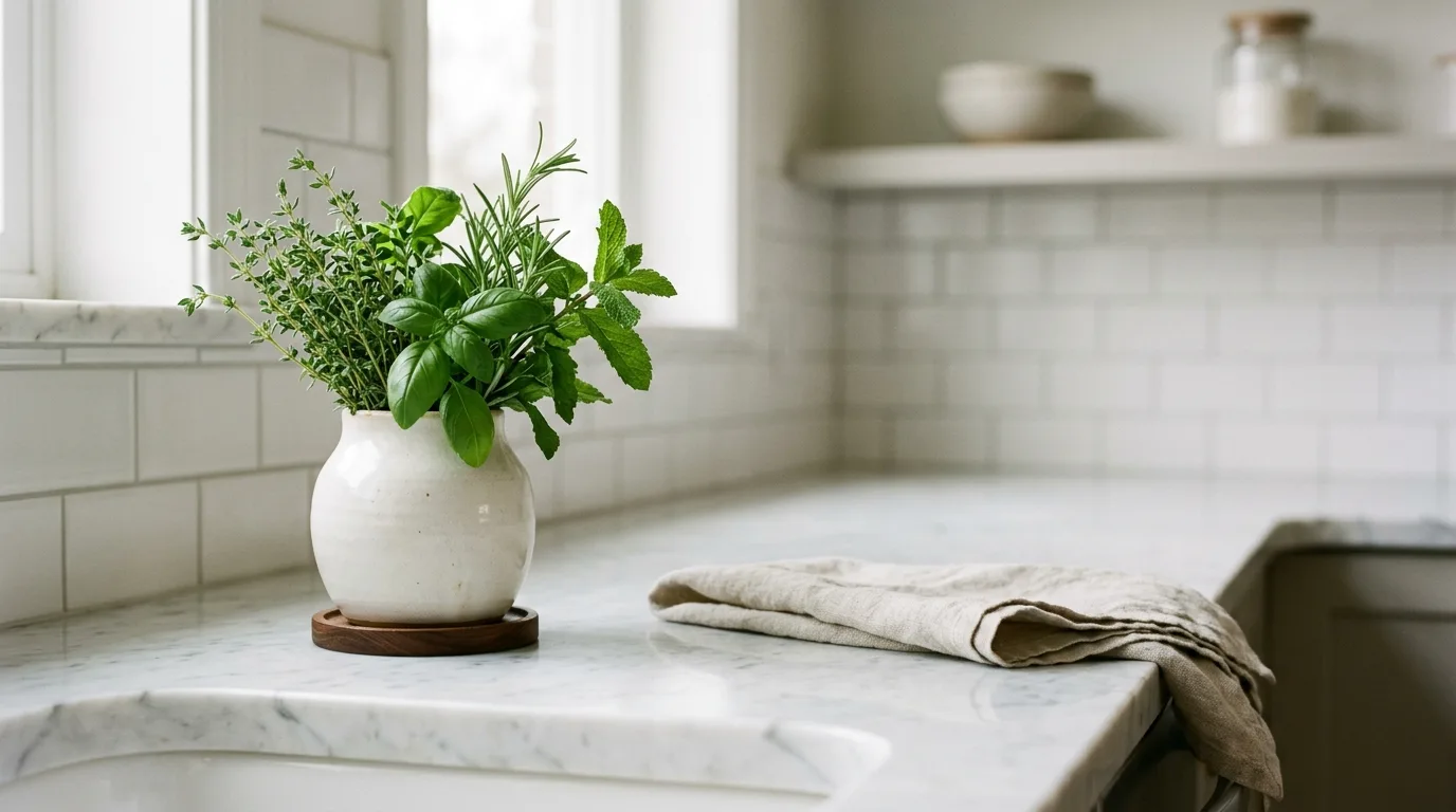 Kitchen reset with neatly decanted pantry staples in matching jars.