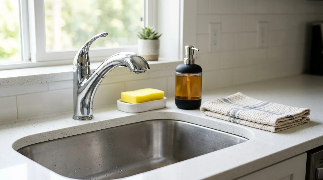 Fresh kitchen sink area with coordinated accessories and a small plant.