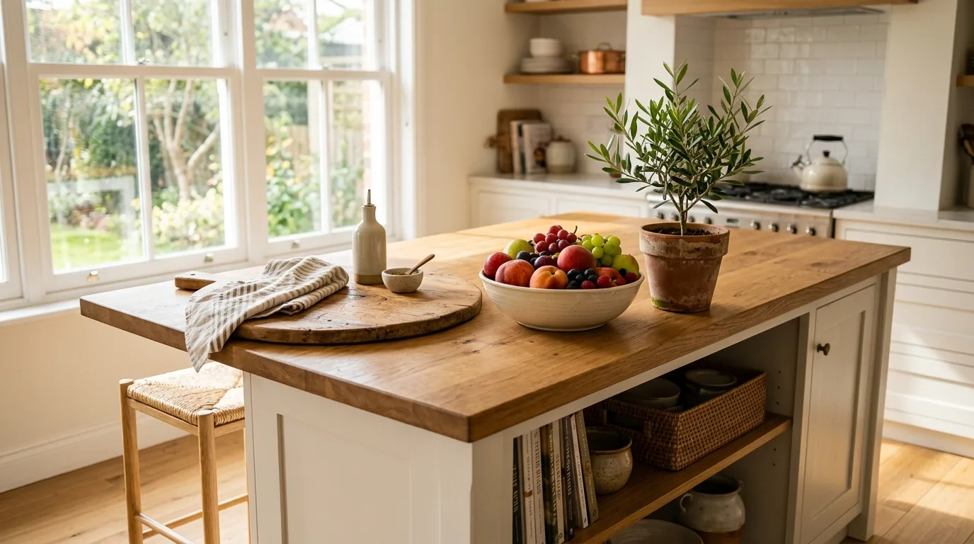 Kitchen reset with fresh towels and coordinated light linens.