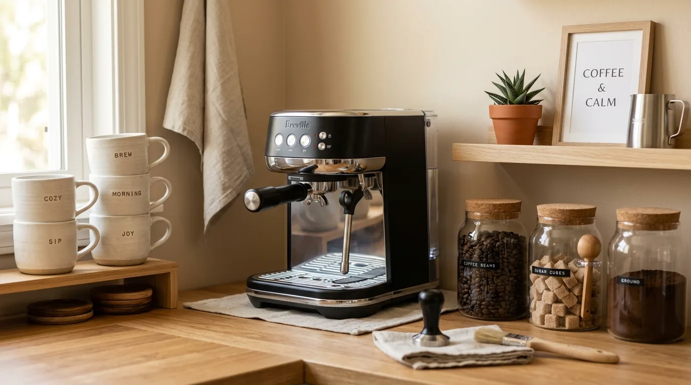Clean kitchen reset with stools aligned and surfaces styled minimally.