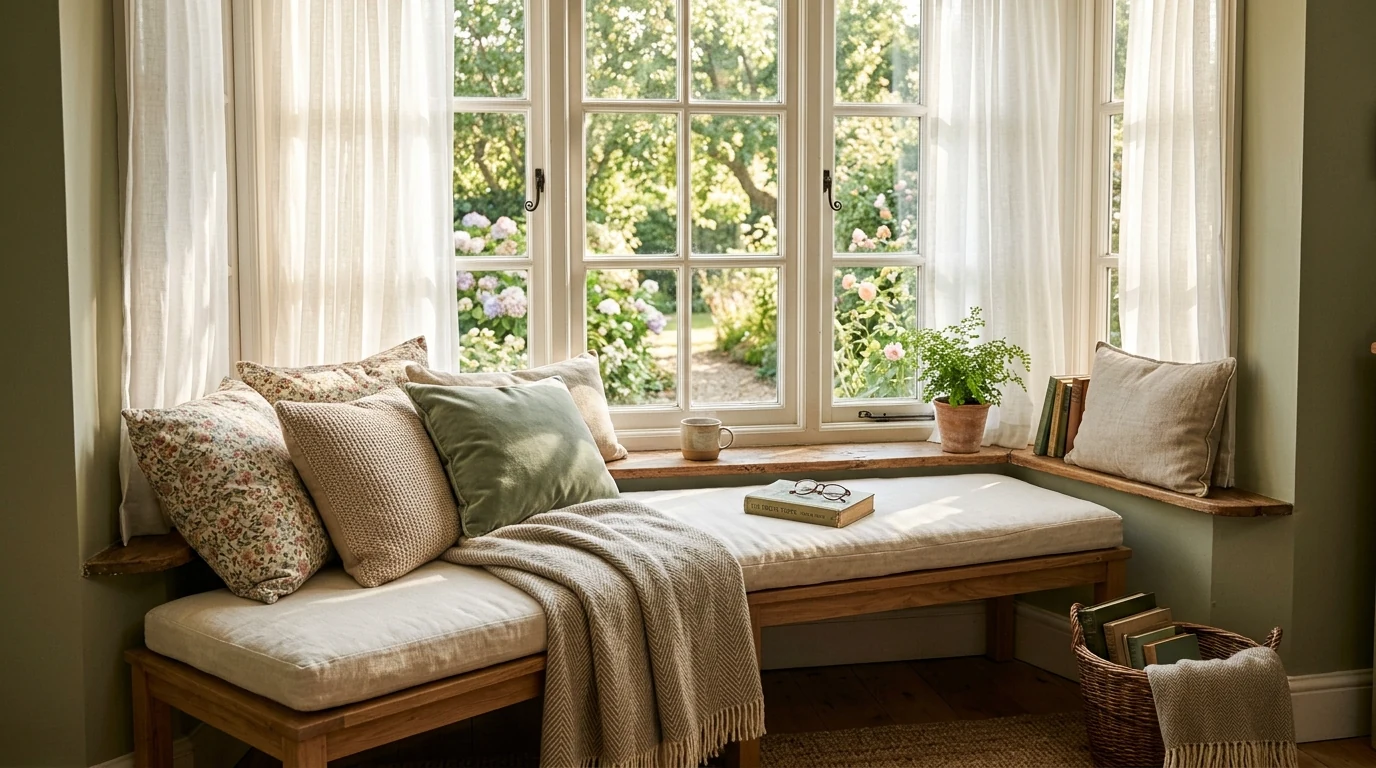 Reading nook with a built-in bench and bookshelf wall.