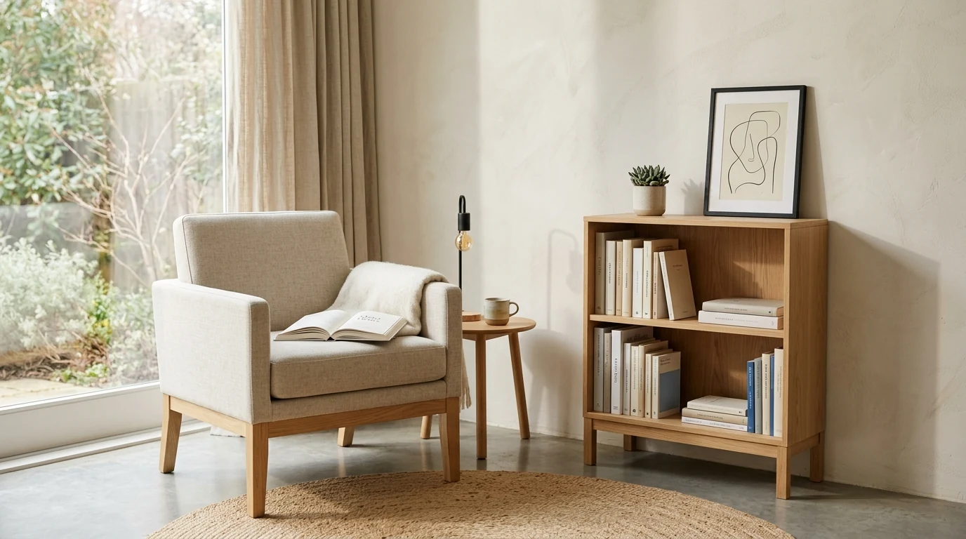 Bedroom reading nook with a chaise lounge and soft textiles.