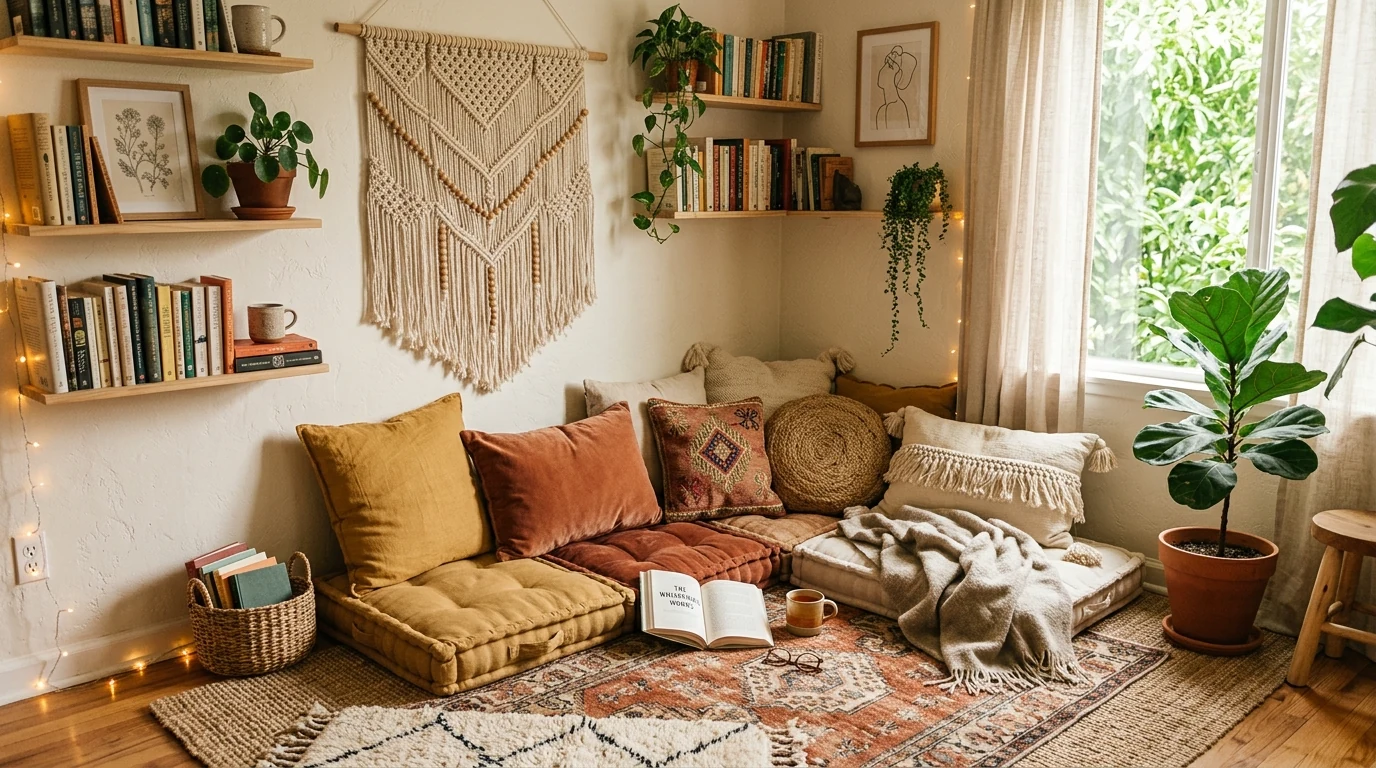 Cozy reading nook beside a fireplace with a chair and throw.