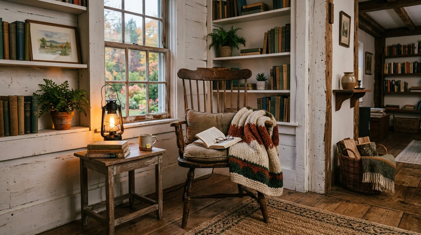Attic reading nook with a dormer daybed and books.