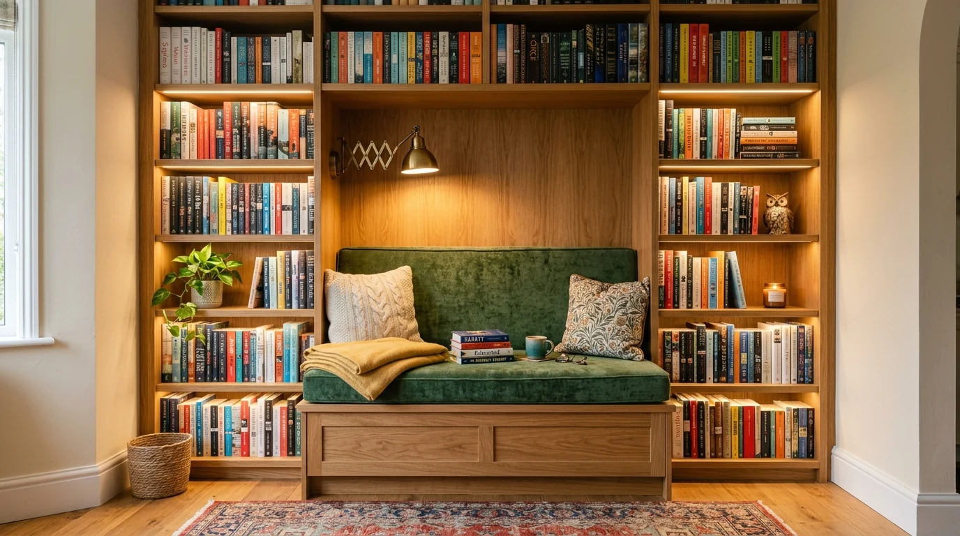 Small hallway reading nook with a stool, shelf, and wall light.