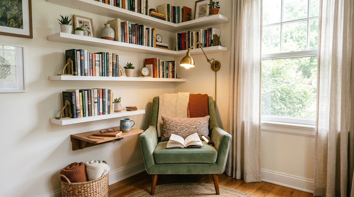 Kids reading nook with a canopy, books, and floor cushions.