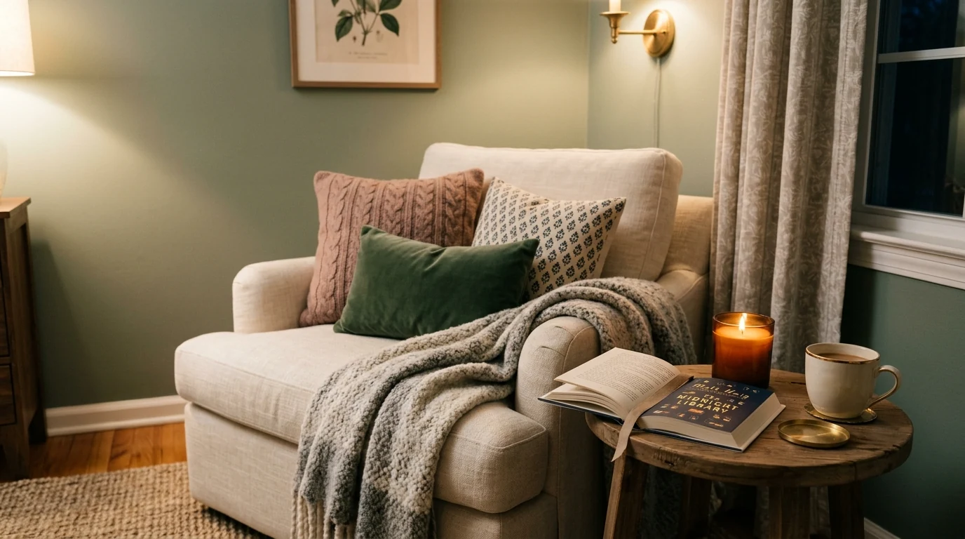 Sunroom reading nook with a wicker chair and greenery.