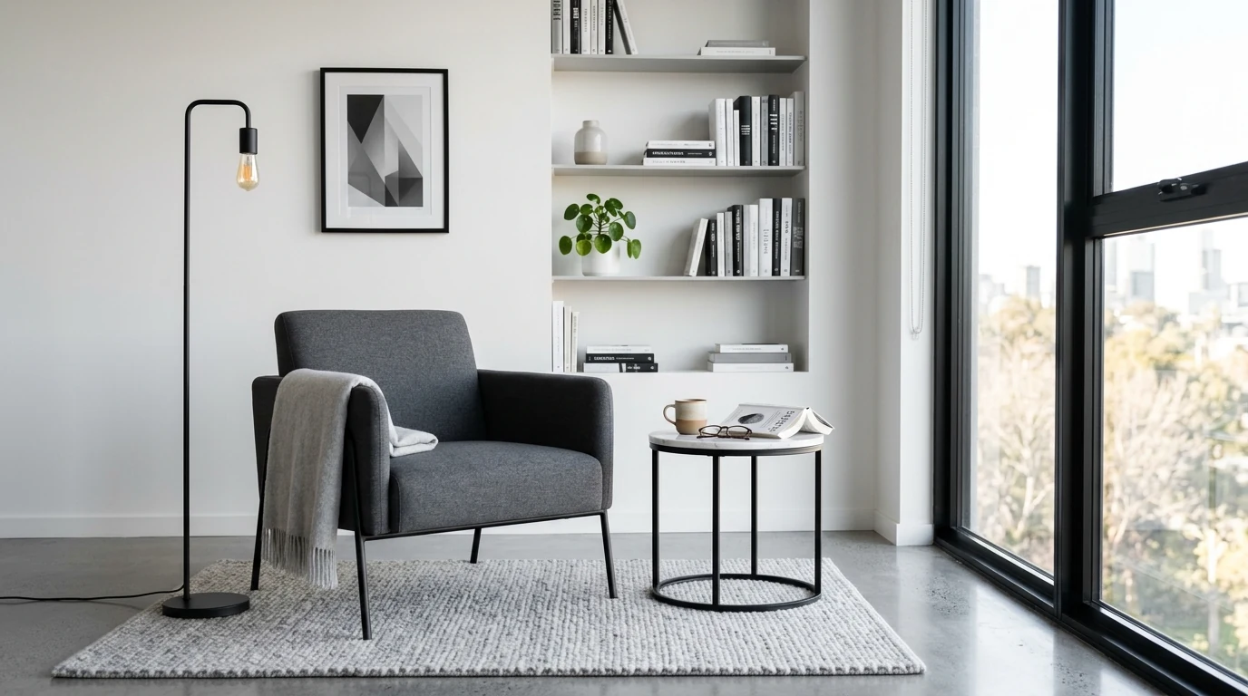 Reading nook created under the stairs with books and cushions.