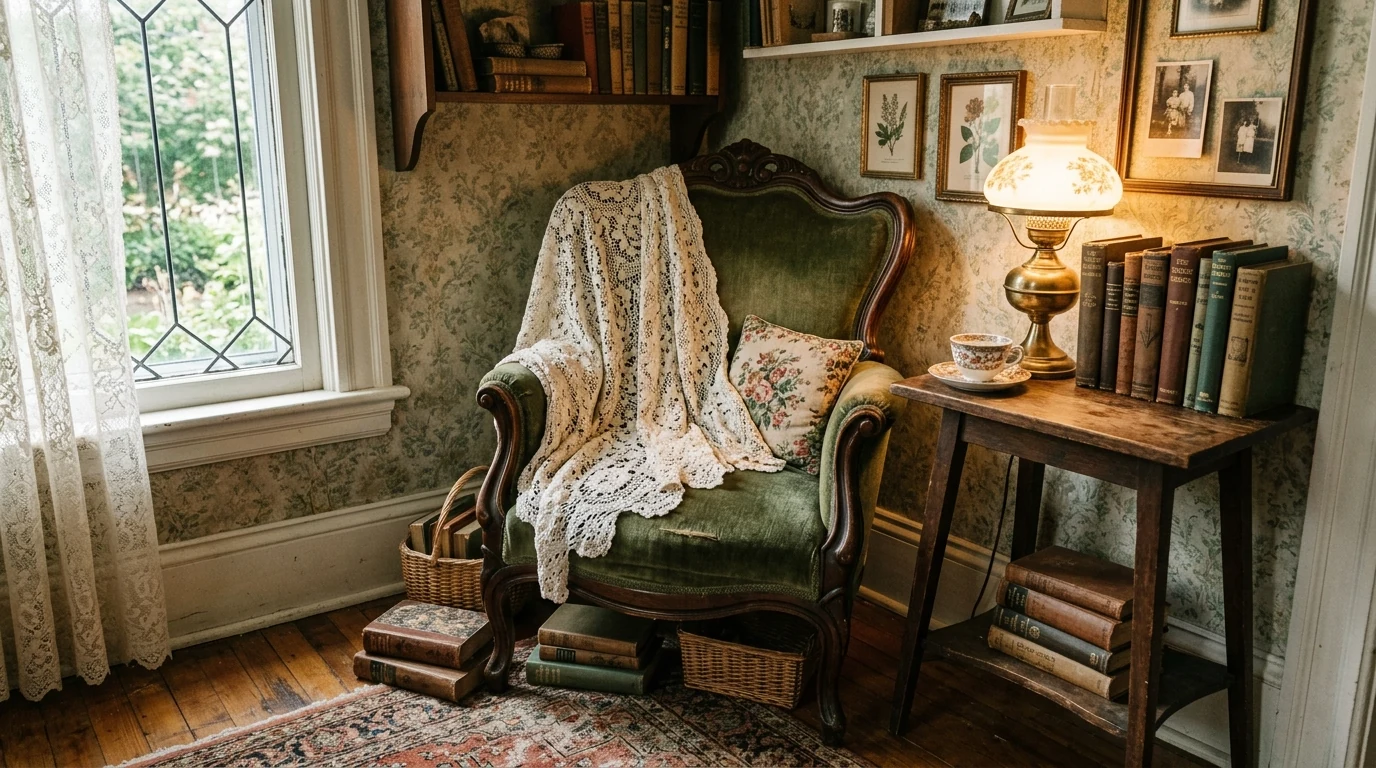 Minimal reading nook with floor cushions and a simple shelf.