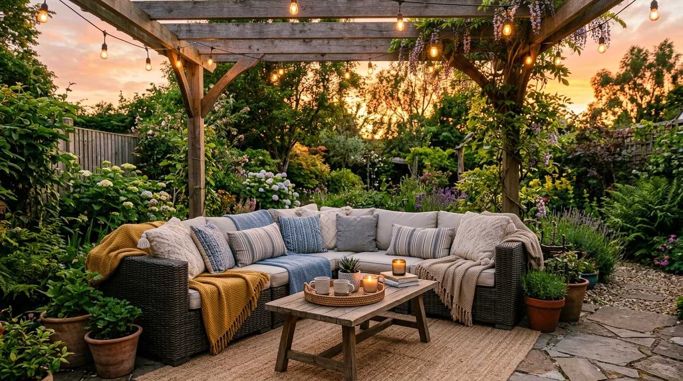 Relaxing cozy backyard oasis styled as an outdoor lounge for summer.