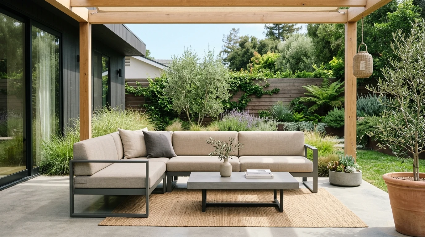 Summer backyard oasis styled in resort-inspired neutrals and woven textures.
