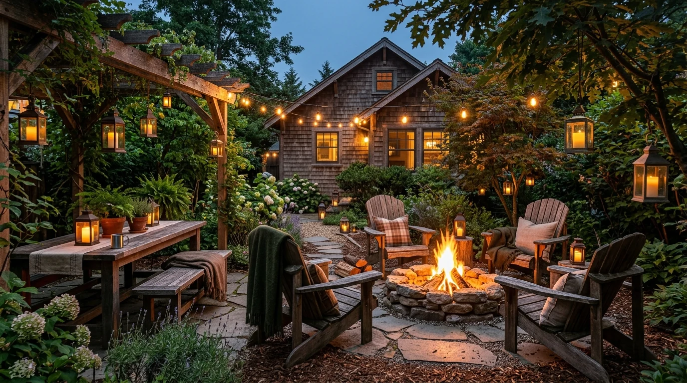 Outdoor summer lounge beneath a pergola with soft flowing drapes.