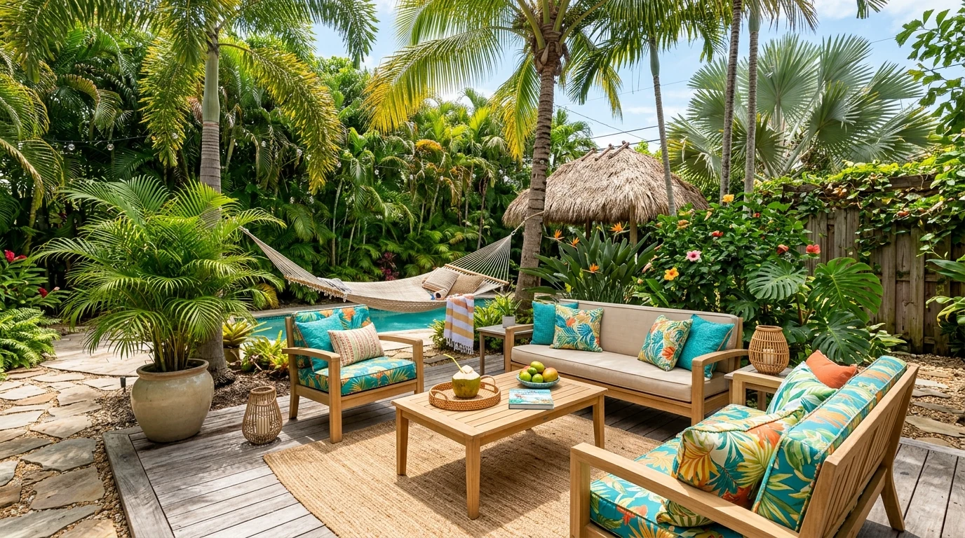 Summer backyard seating gathered around a cozy fire pit.