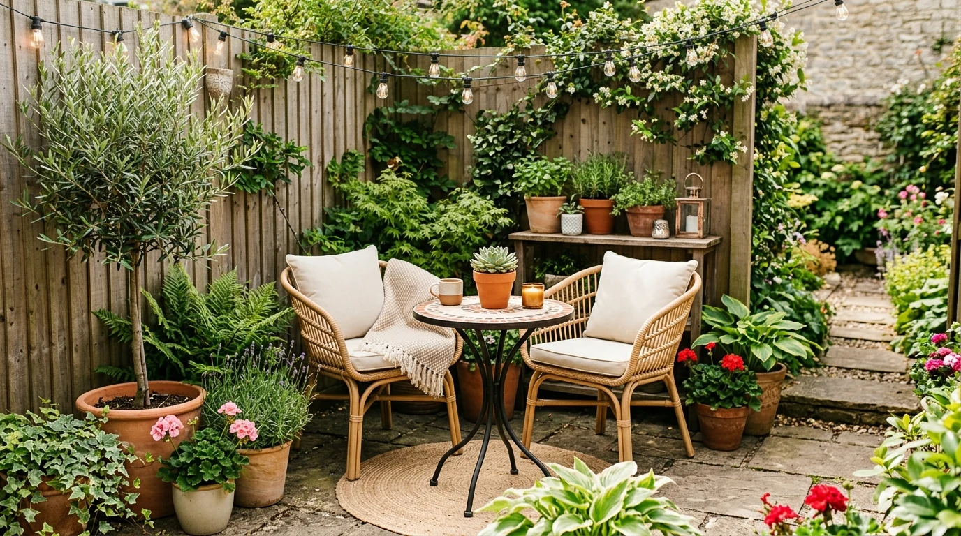 Relaxing outdoor daybed styled with light summer textiles and pillows.