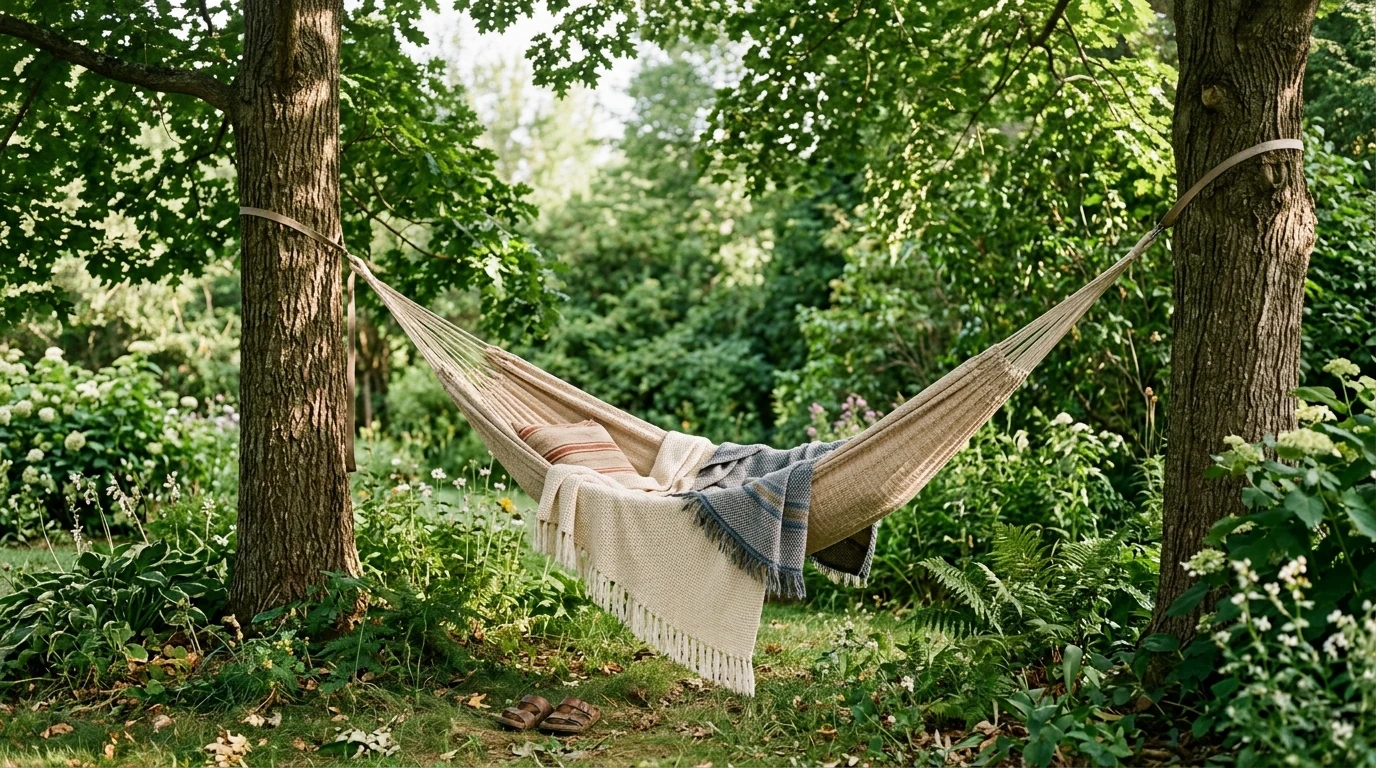Lush backyard lounge with tropical plants surrounding the seating area.