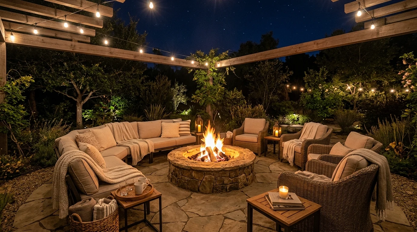 Small summer patio styled to feel like a cozy backyard oasis.