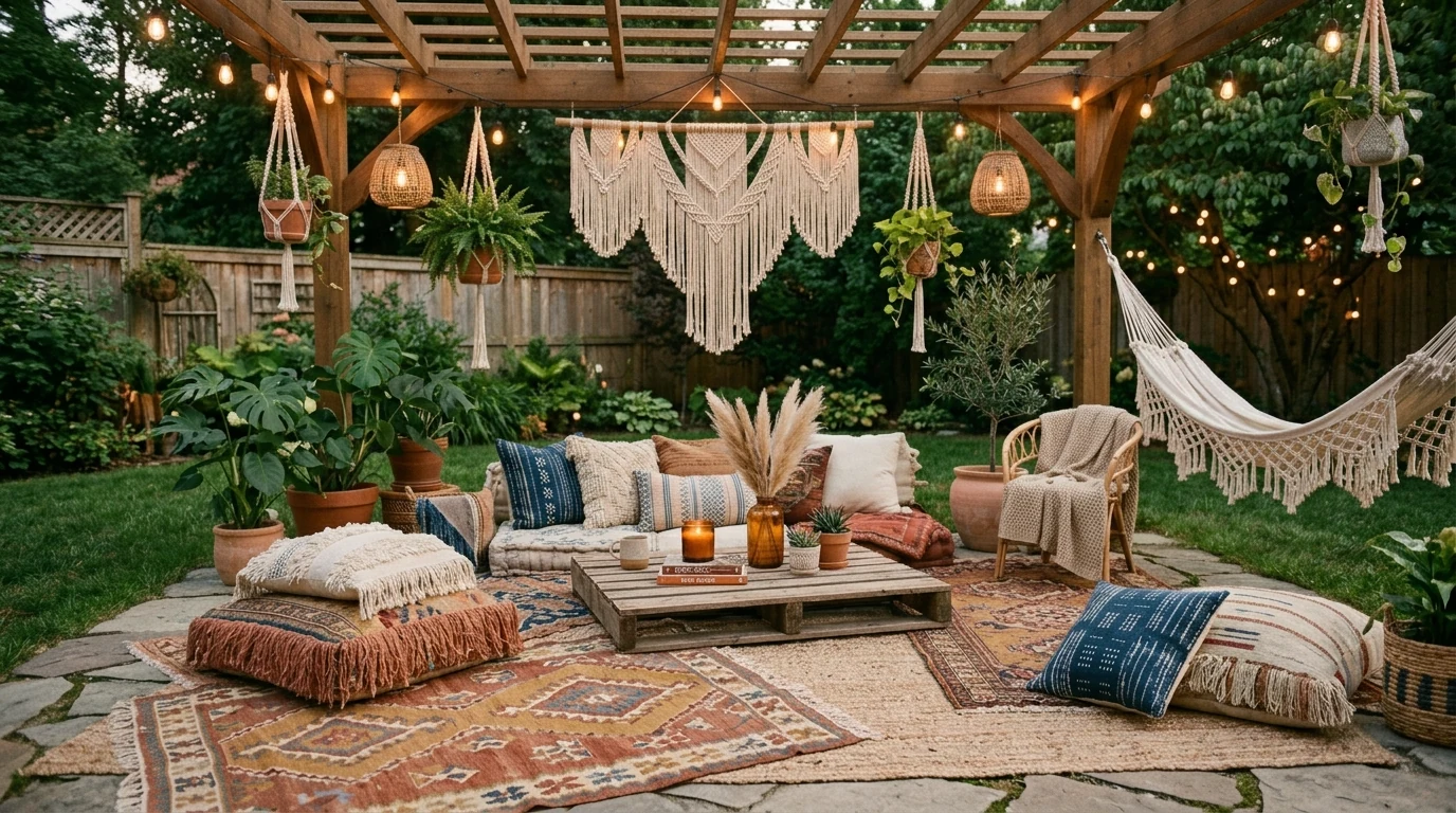 Outdoor lounge anchored by a rug in a cozy summer backyard setup.