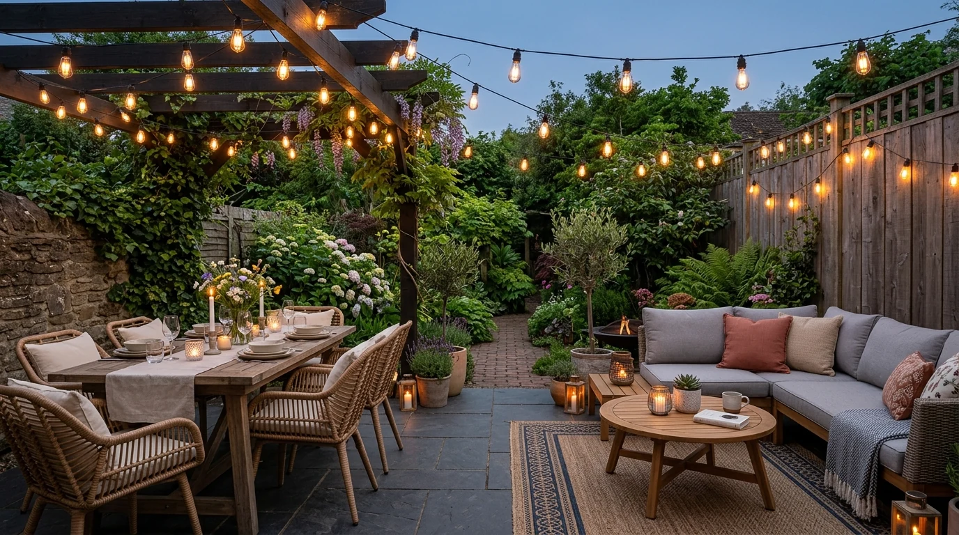Cabana-inspired backyard lounge nook for relaxed summer living.