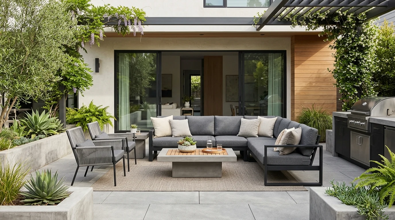 Backyard oasis combining outdoor dining and lounge seating for summer.