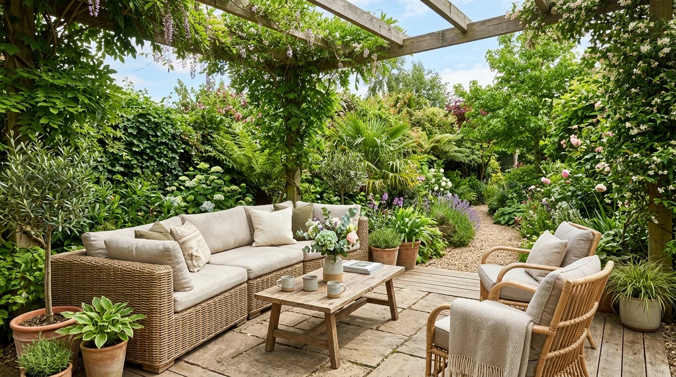 Peaceful backyard oasis with a small water feature and lounge seating.