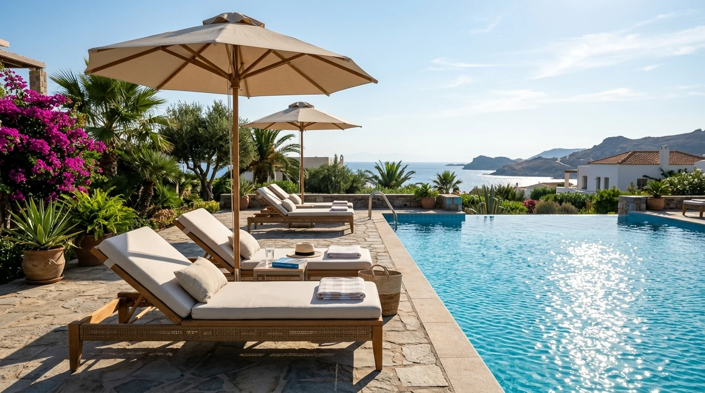 Coastal-style backyard lounge in white and pale wood for summer.