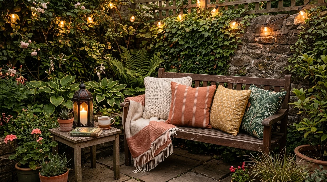 Summer backyard oasis glowing with layered lanterns and candlelight.