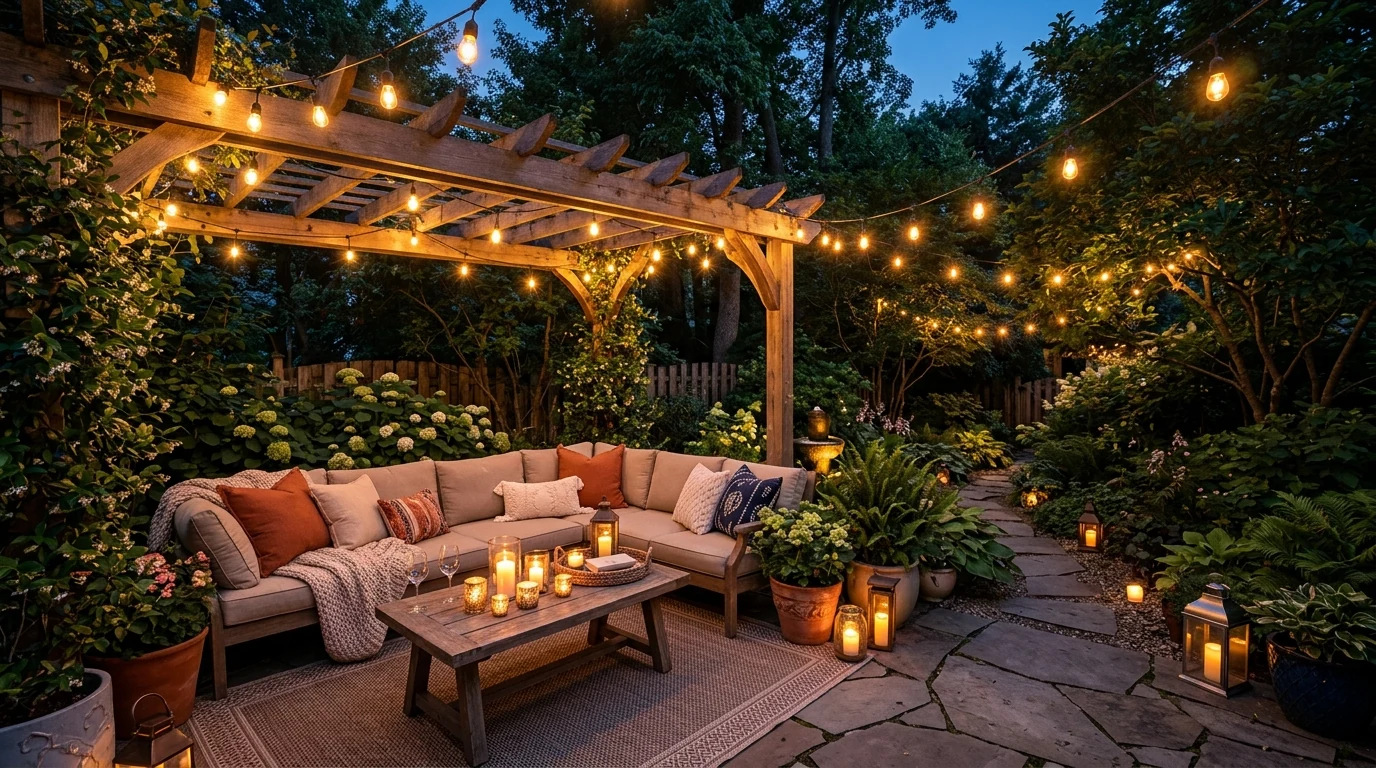 Fully styled summer backyard retreat with relaxed texture and cohesive decor.