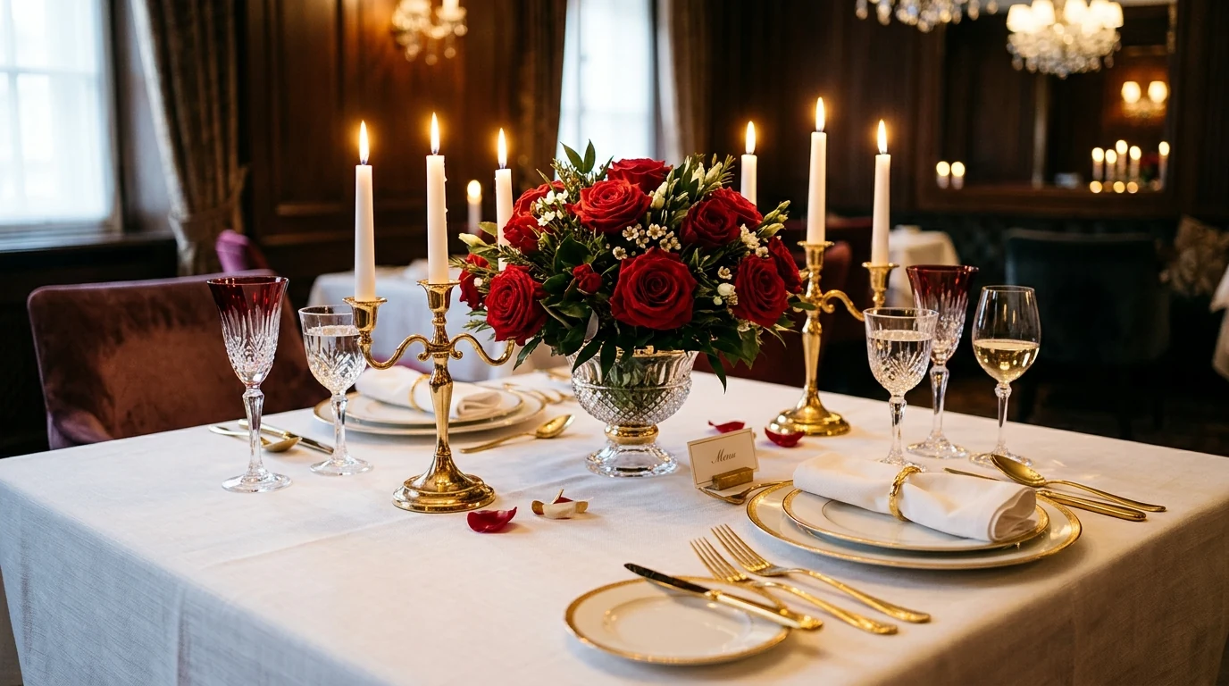 Romantic Valentines entry console with roses, candles, and soft decor.