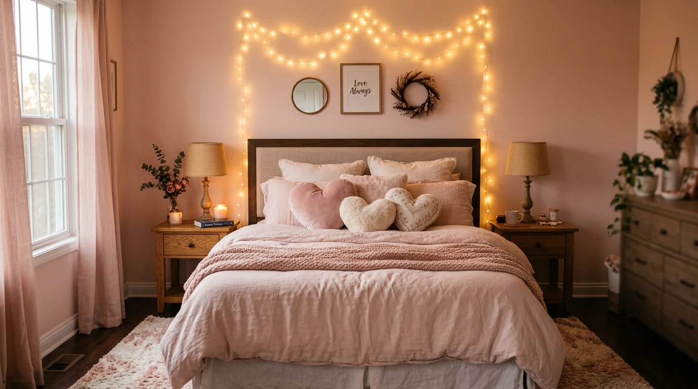 Valentines home decor in a living room with pink and red romantic accents.