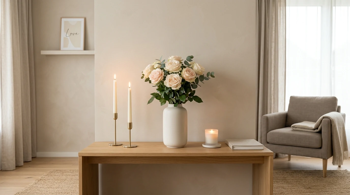 Romantic coffee table tray styled for Valentines Day home decor.