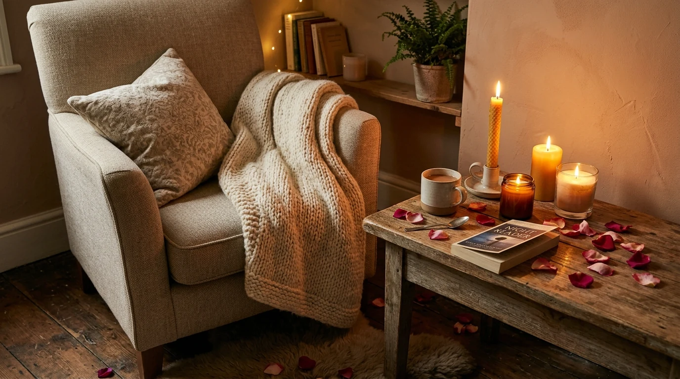 Romantic Valentines dining table with flowers and candlelit details.