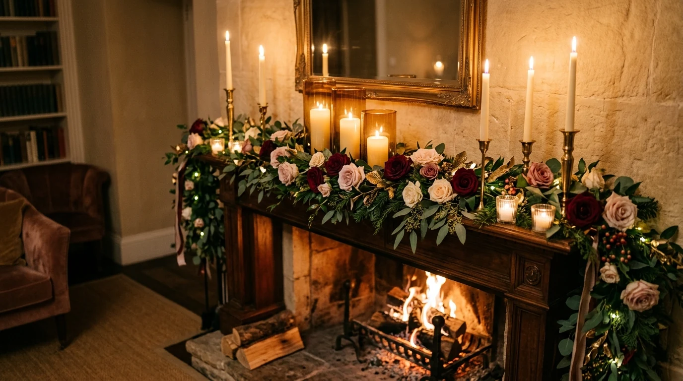 Valentines mantel styled with hearts, candles, and a romantic seasonal glow.