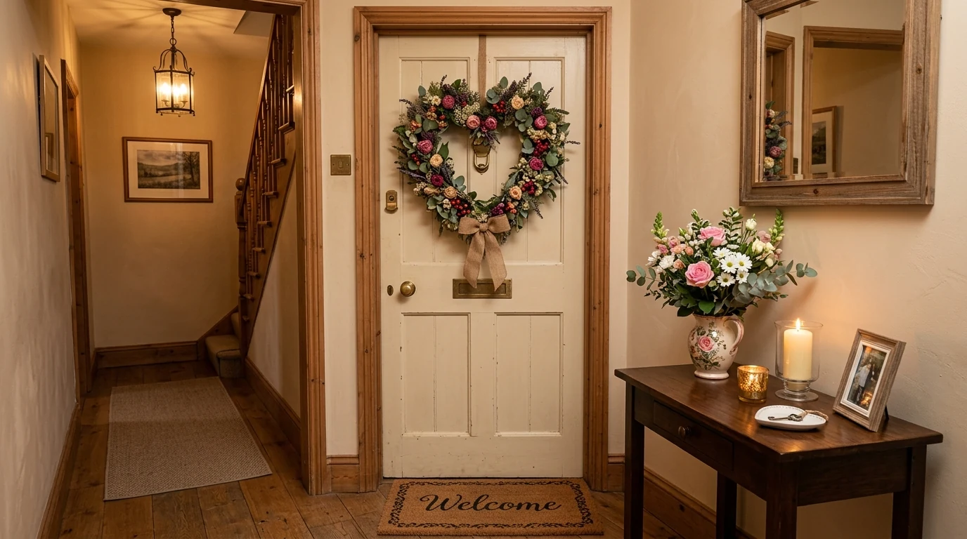 Romantic Valentines bedroom styled with rose-toned textiles and soft layers.