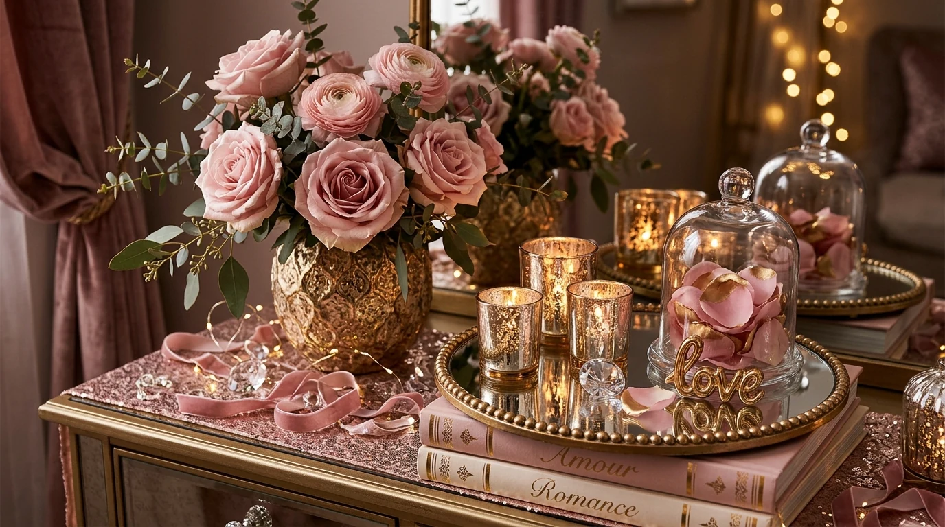 Valentines home bar cart with sparkling romantic decor and florals.