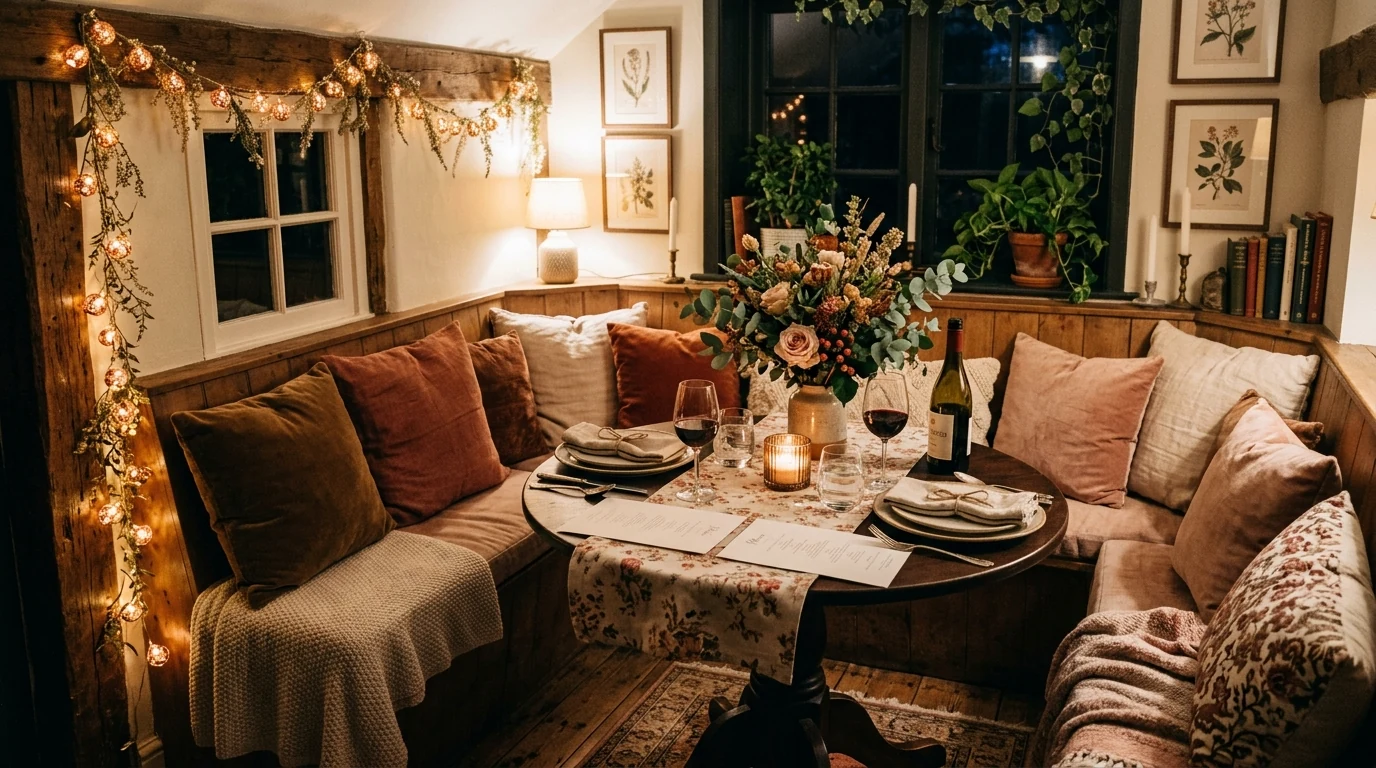 Heart garland decorating a shelf or window for Valentines home styling.