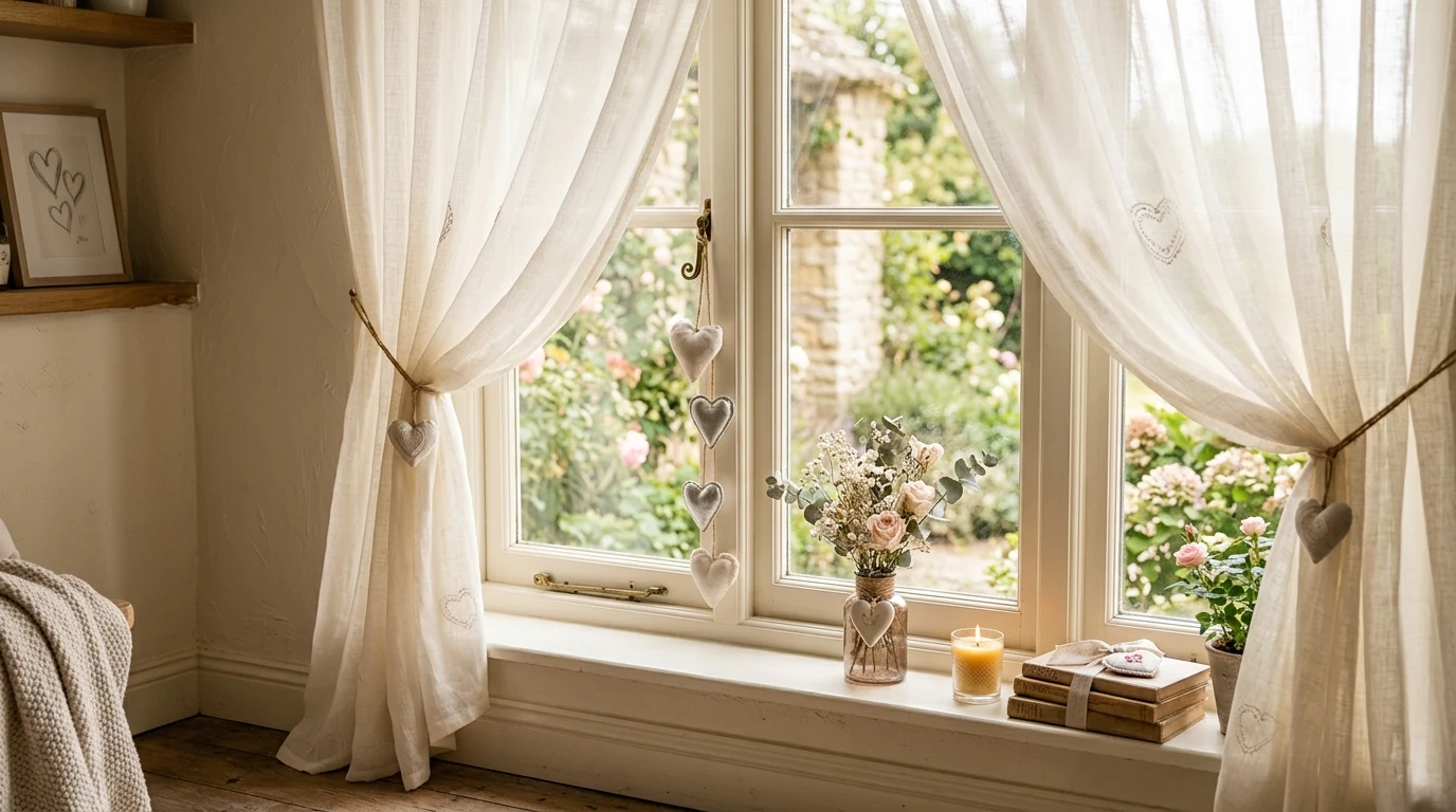 Romantic Valentines bathroom decor with flowers and soft candle glow.