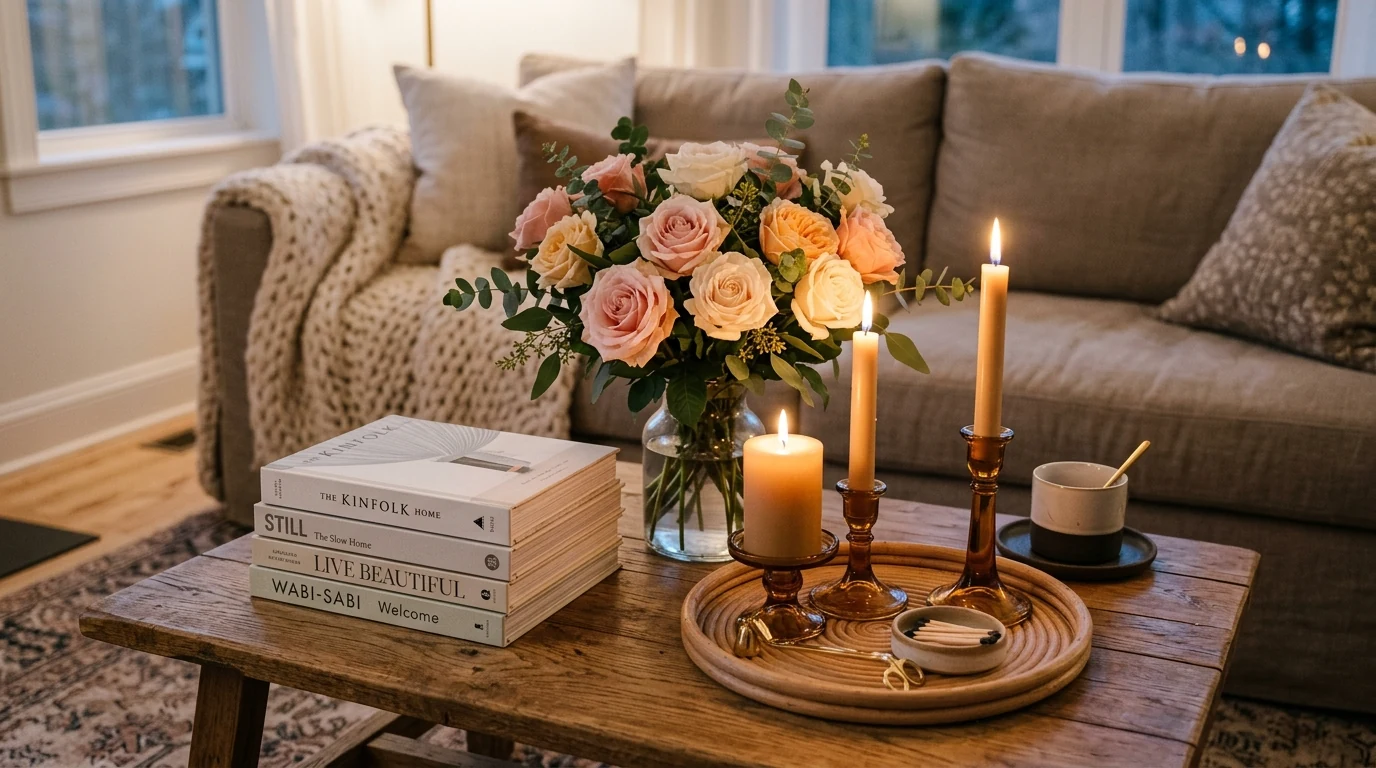 Neutral home decorated for Valentines Day with a few elegant red accents.