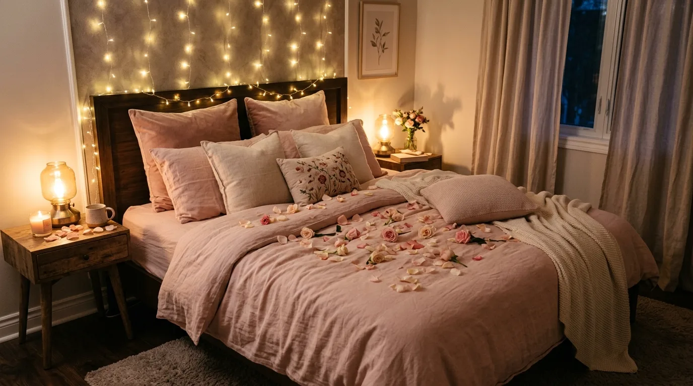 Romantic Valentines bedroom with blush bedding, fairy lights, candles, and rose petals.