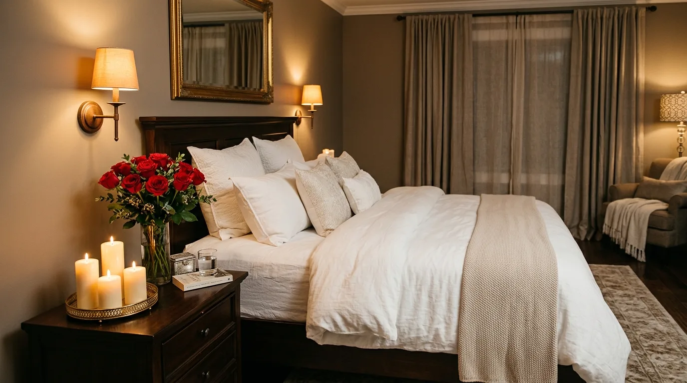 Valentines bedroom with blush bedding and layered pillows.