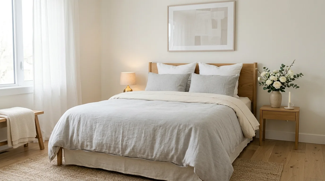 Cozy romantic bedroom with rose petals scattered across the bed.