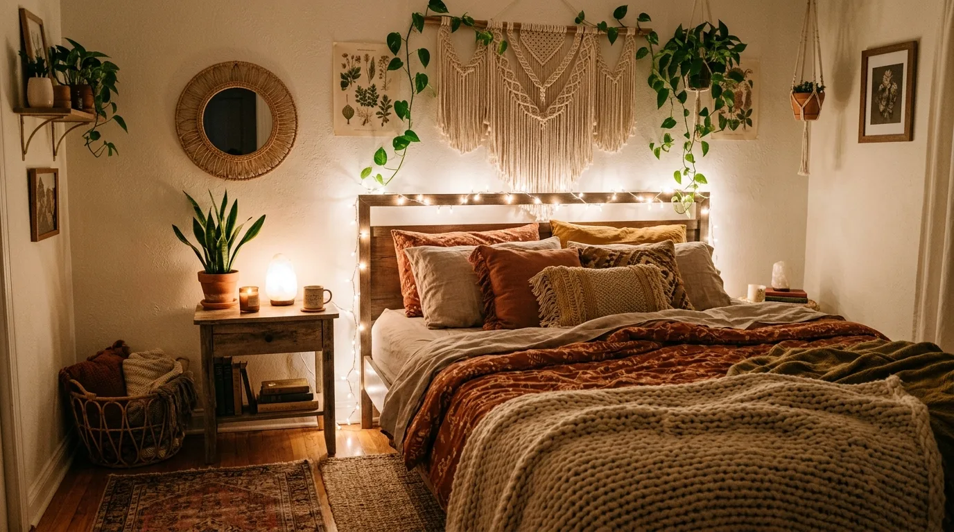 Romantic bedroom styling with warm bedside lamps and soft evening light.