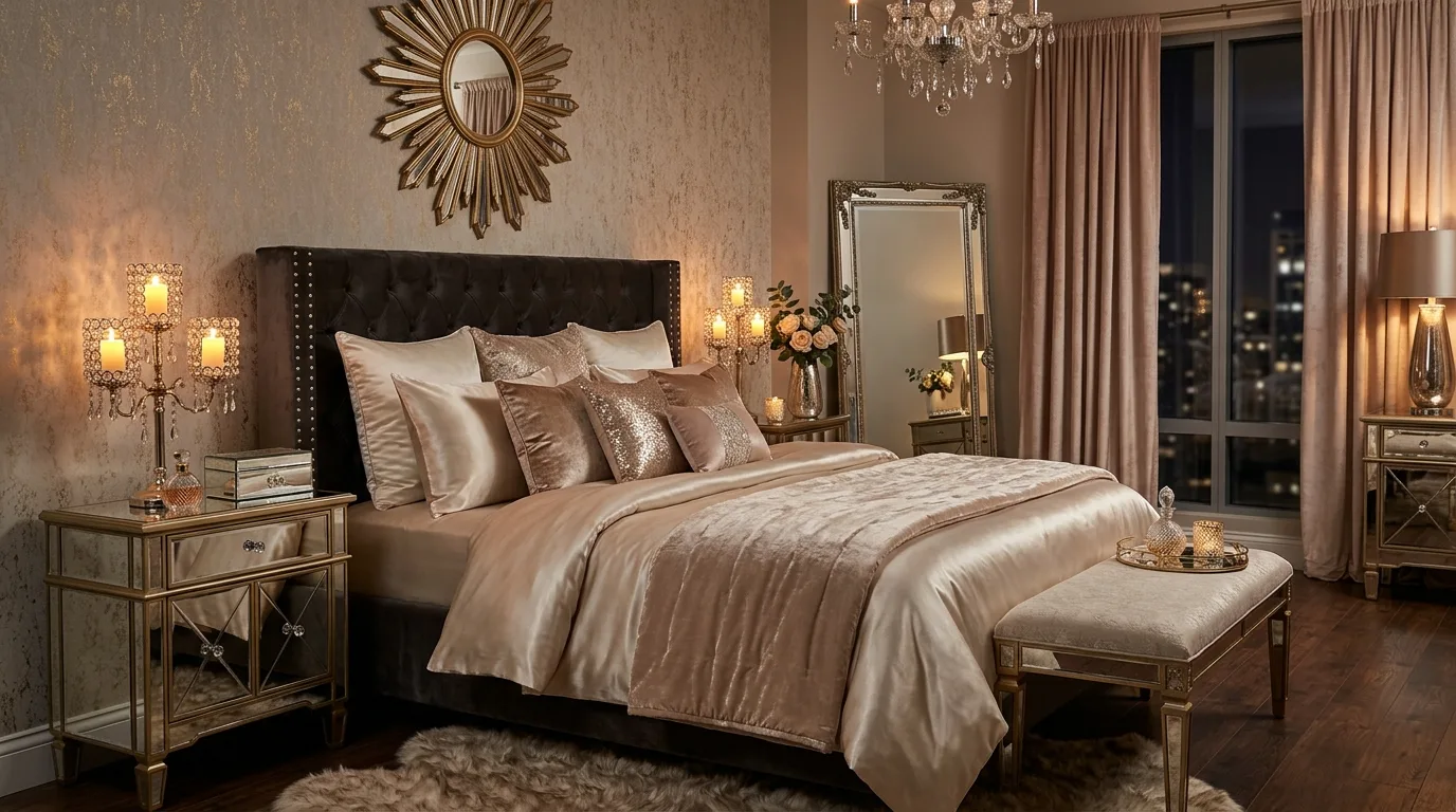 Valentines bedroom decor with a small floral arrangement on the nightstand.