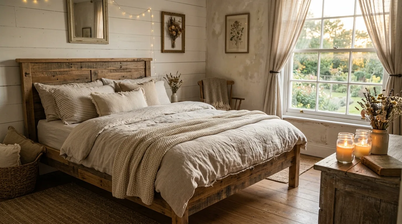 Cozy bedroom with candles creating a soft romantic mood.