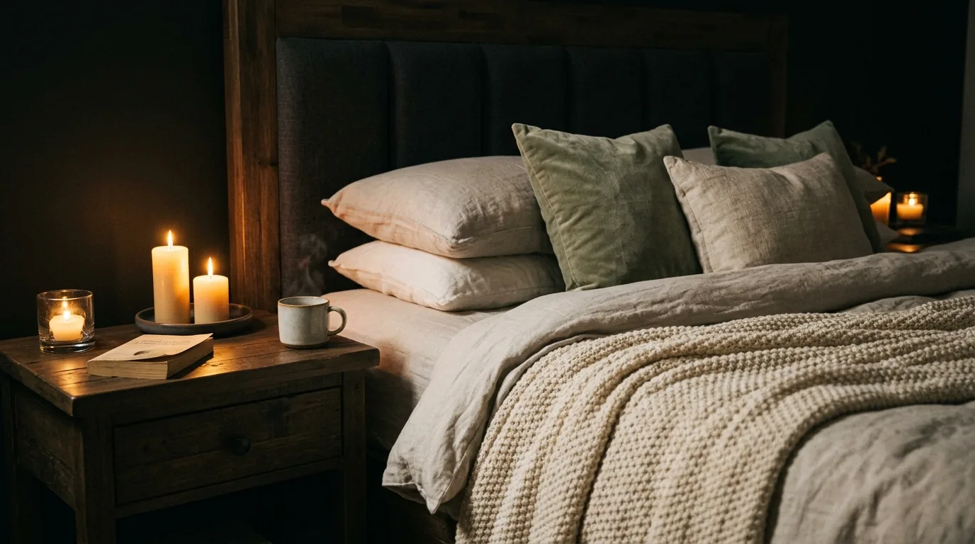Romantic bedroom with a knit throw draped over the bed corner.