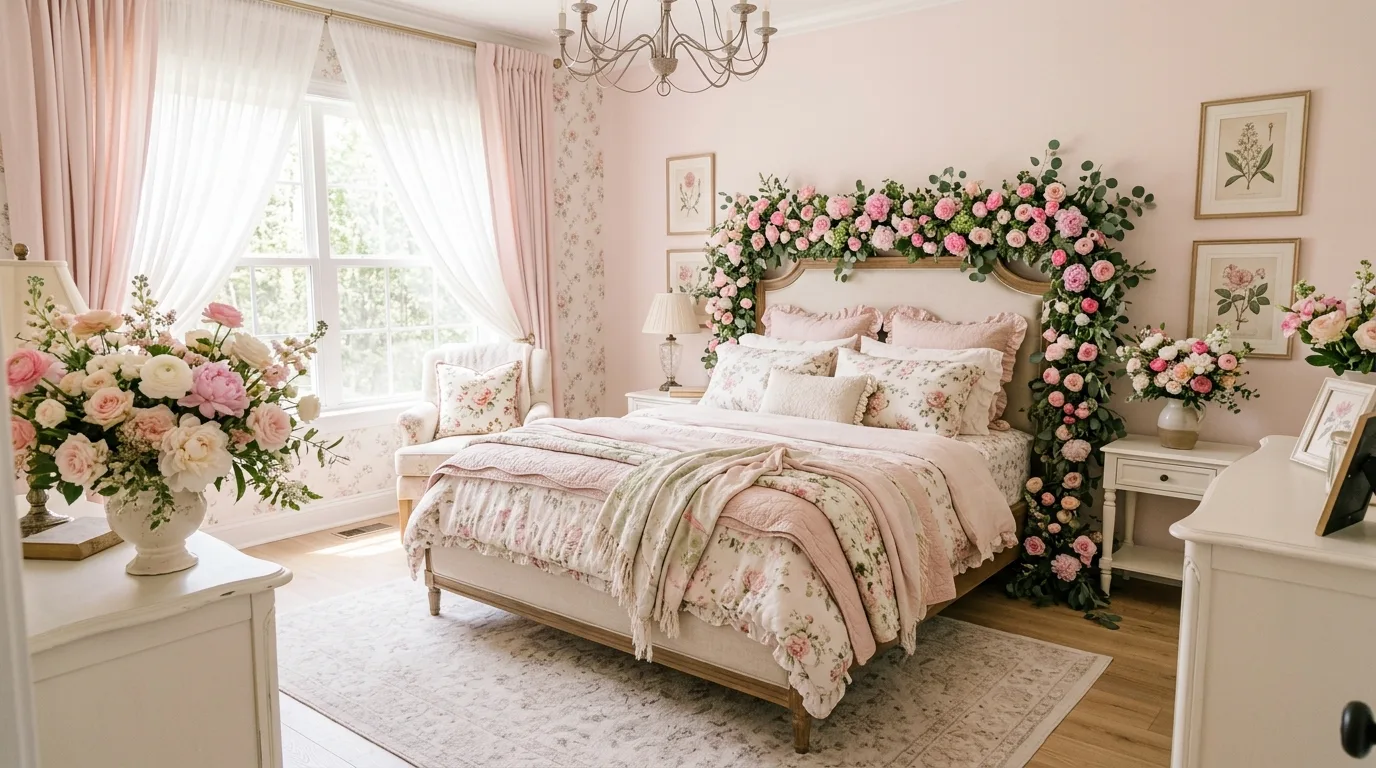 Elegant Valentines bedroom in muted pink and cream tones.