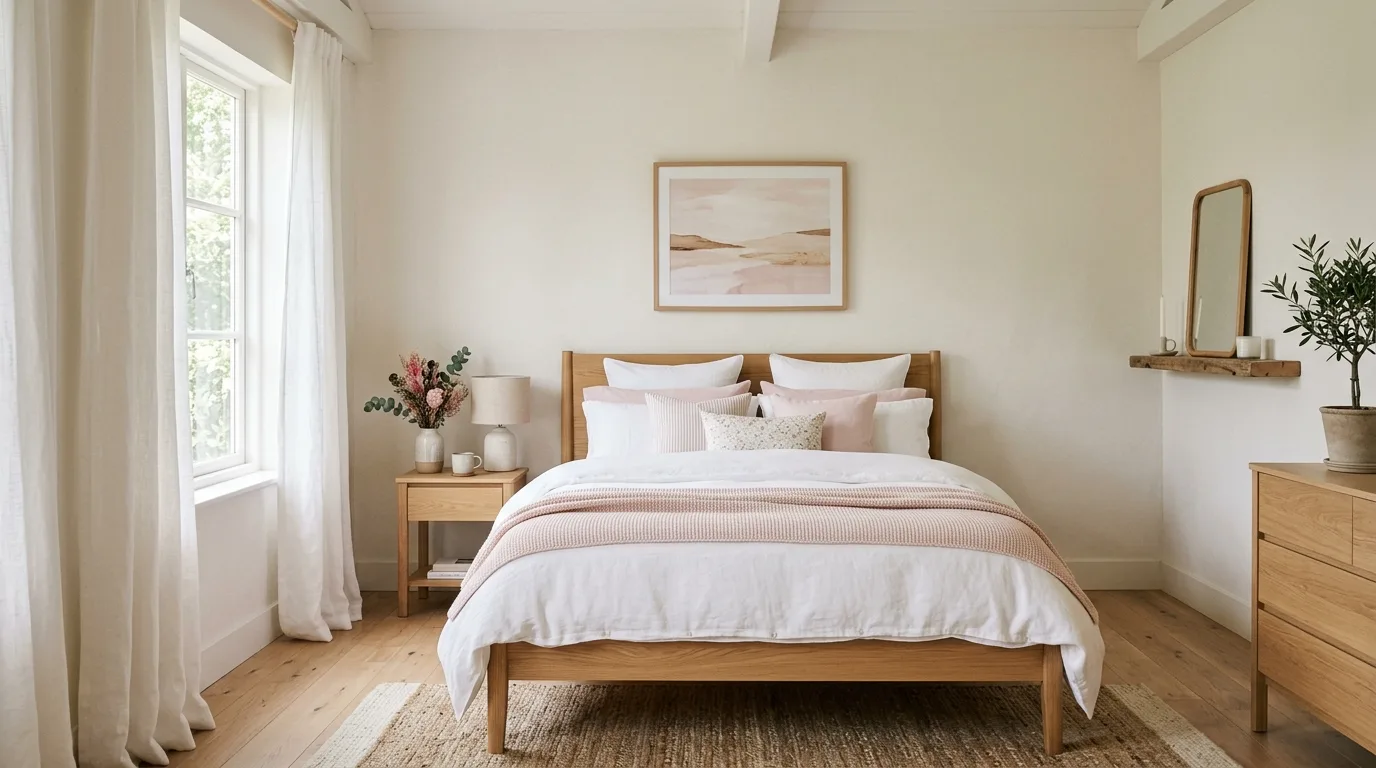 Cozy love-nest bedroom with soft curtains and layered lighting.