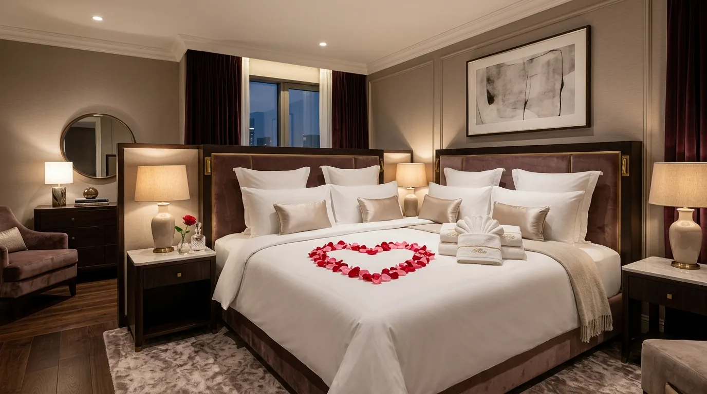 Valentines bedroom decor layered with candles, flowers, and soft textures.