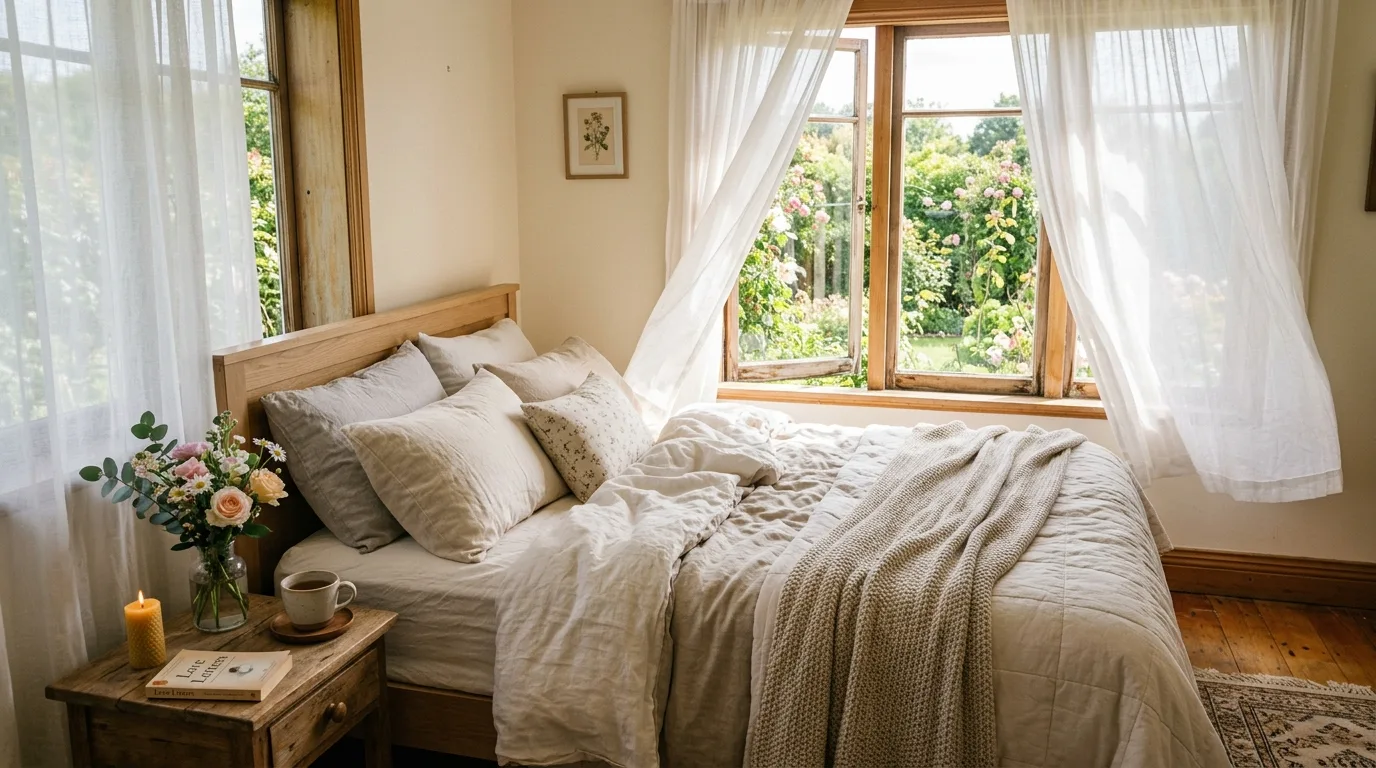 Romantic bedroom with clean nightstands and softly styled decor.