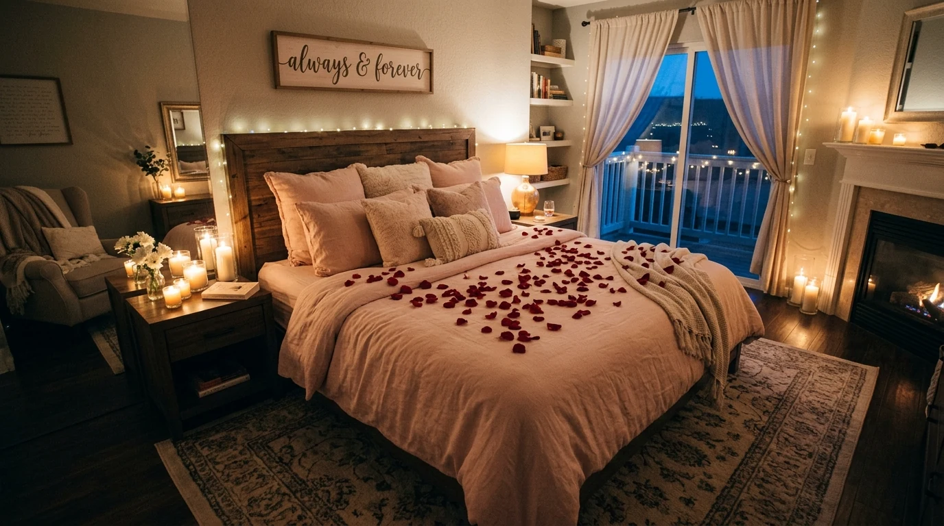 Romantic Valentines bedroom decor styled as a dreamy escape.